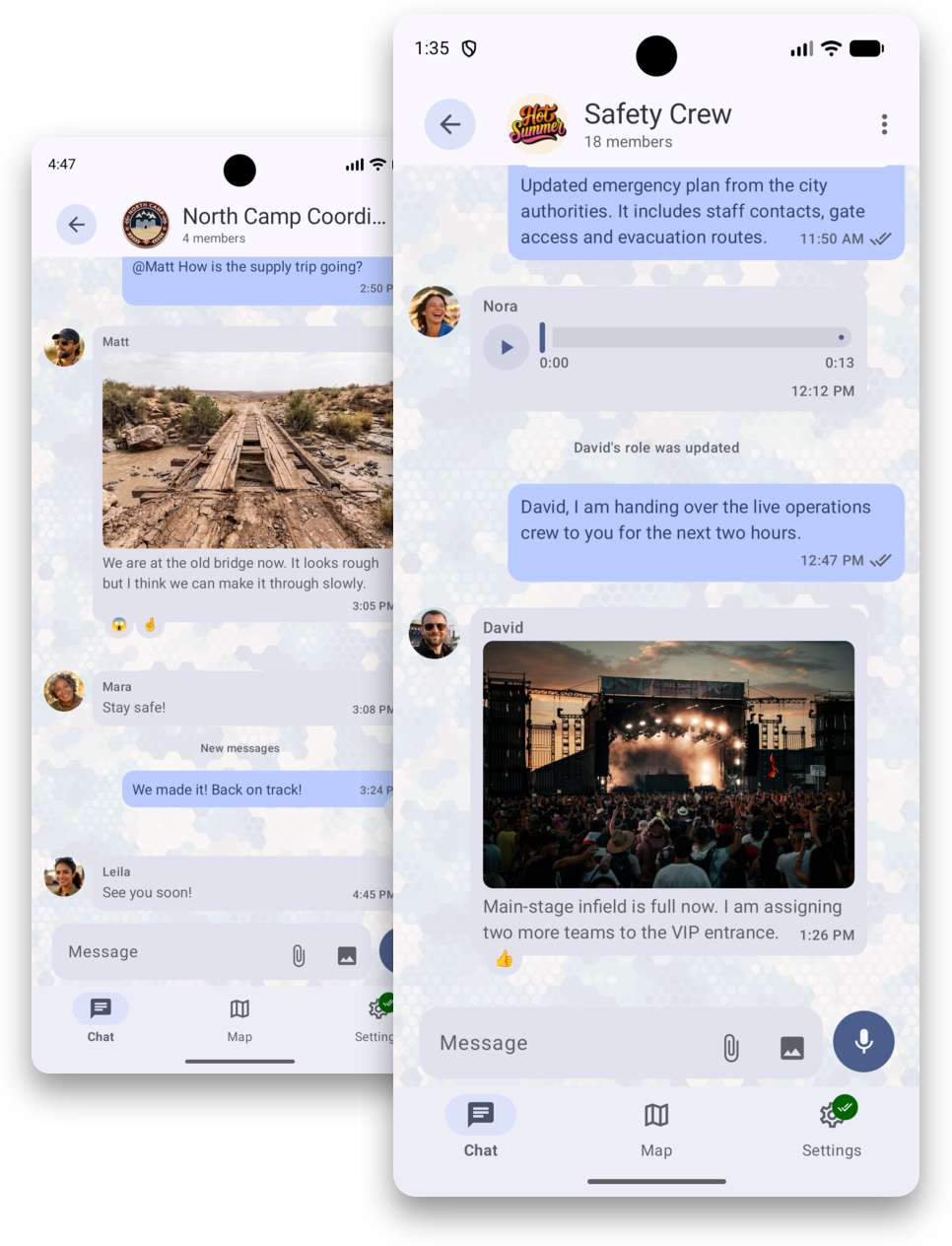 Overlapping SquadCom screenshots showing voice, file, image and chat updates