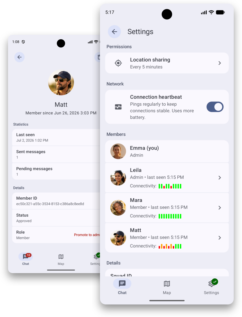 Overlapping SquadCom screenshots showing member details and heartbeat connectivity