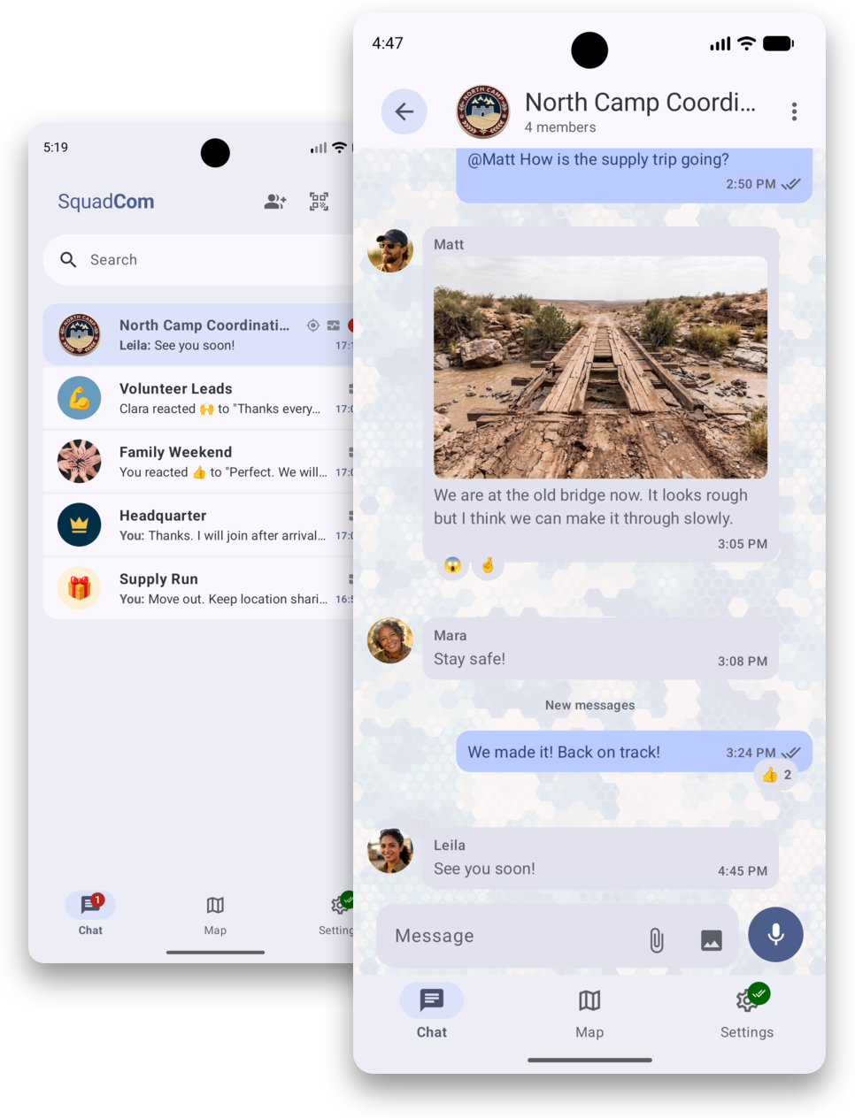 Overlapping SquadCom screenshots showing squad overview and encrypted squad chat
