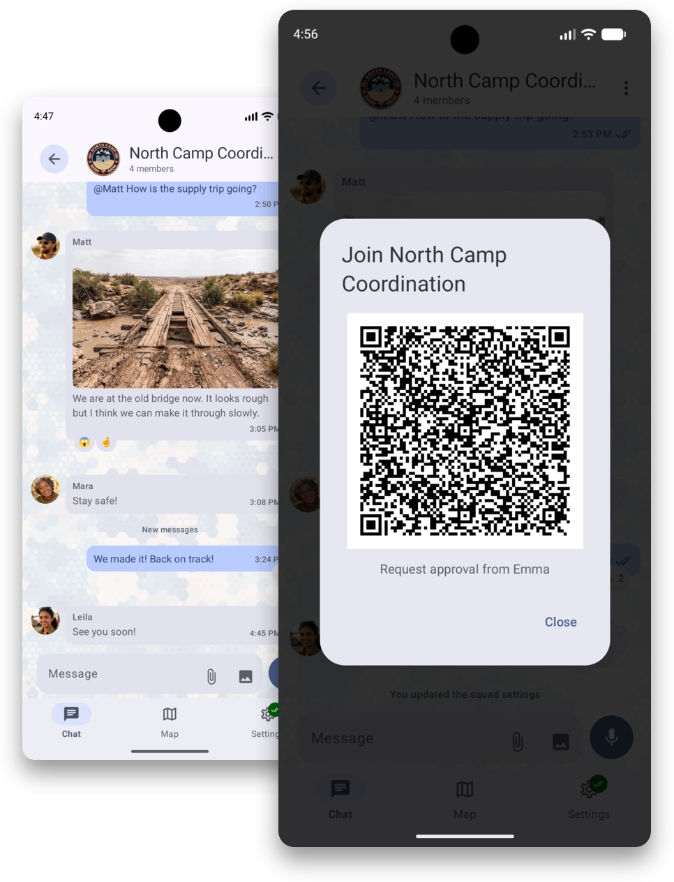 Overlapping SquadCom screenshots showing QR onboarding and squad chat