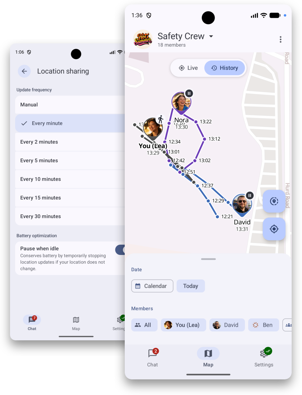 Overlapping SquadCom screenshots showing location sharing settings and map history
