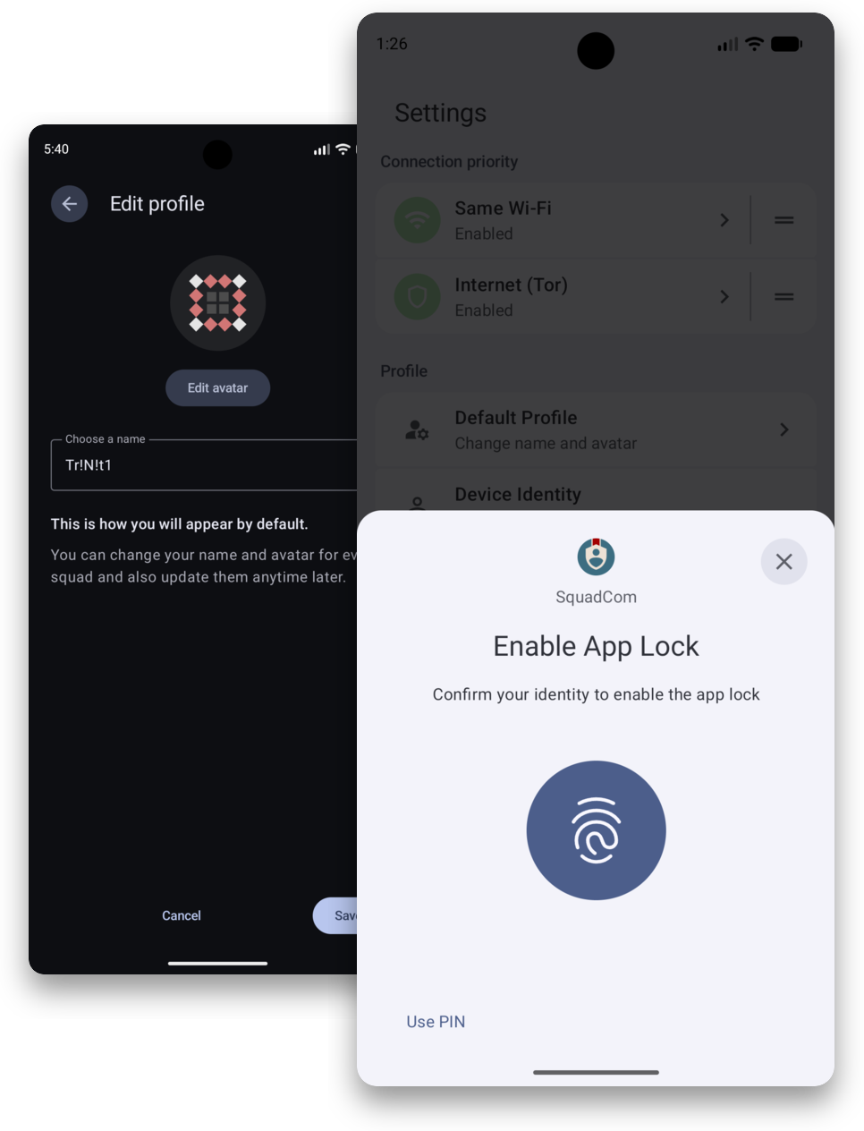 Overlapping SquadCom screenshots showing profile settings and app lock