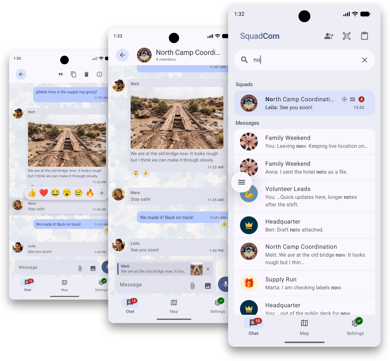 Overlapping SquadCom screenshots showing reactions, replies and search