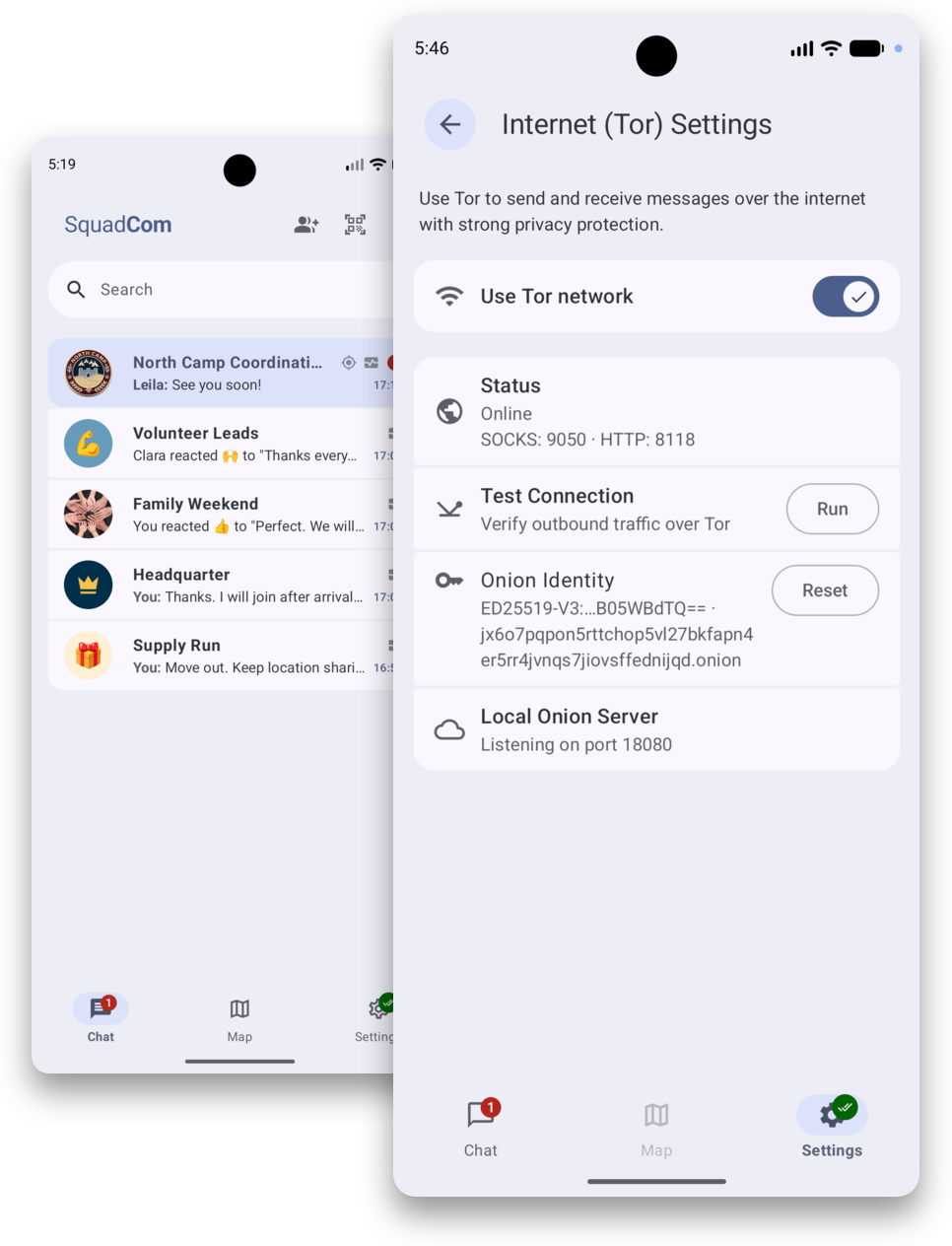 Overlapping SquadCom screenshots showing squad overview and Tor network settings